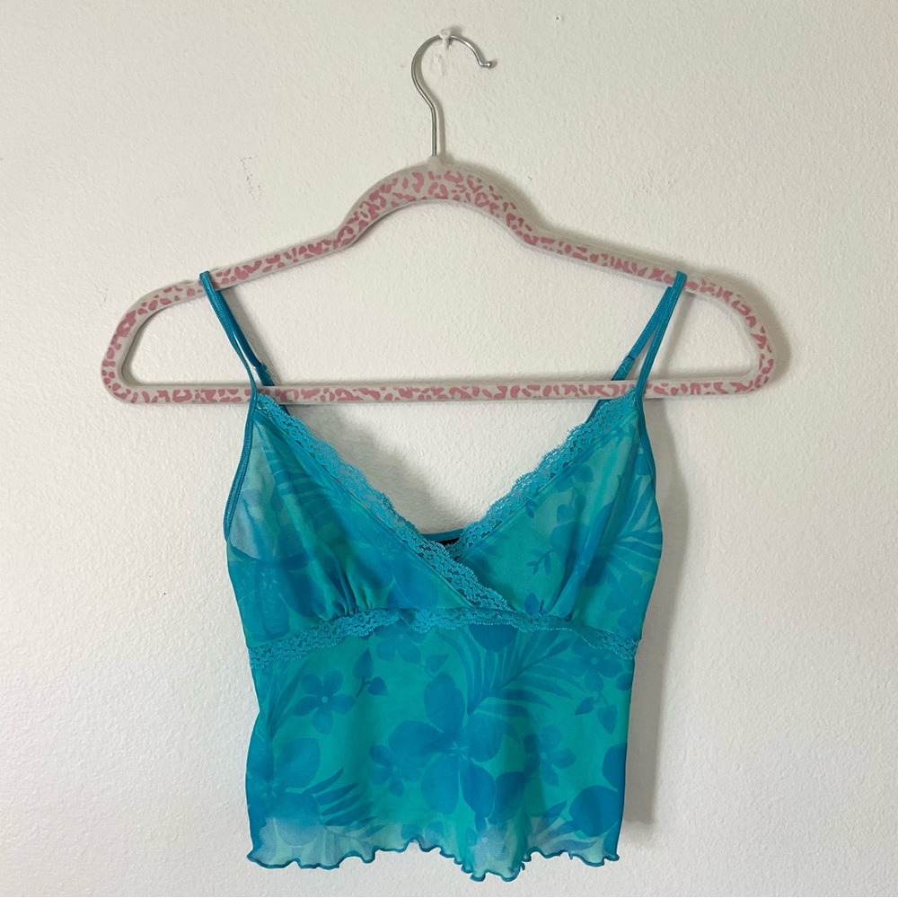 Tropical Sheer Spaghetti Strap Wrap Top Crop Tank Top